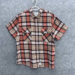 Mocotono Men's Plaid Short Sleeve Button Down Shirt XL, 100% Cotton, Red Brown